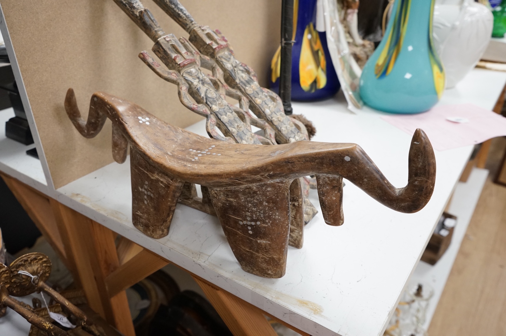 A Zulu painted wood fighting stick, a Nigerian twin group and a headrest (3)